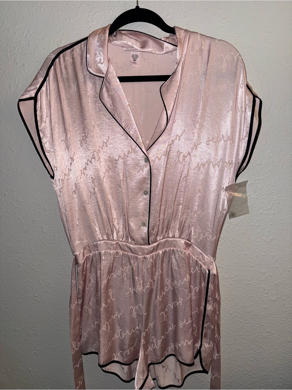 Victoria secret Satin Pink Short Sleeve Romper with Black Piping